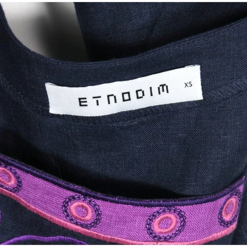 ETNODIM Embroidered Angel Sleeve Linen Navy Blue Violet Purple Maxi Dress XS 742 - Picture 7 of 7